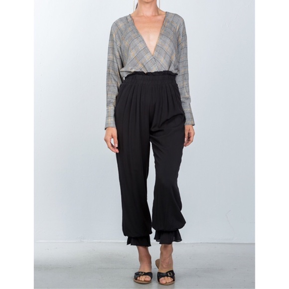 BLACK PLAID DEEP PLUNGING "V" NECKLINE BODYSUIT - Picture 3 of 5